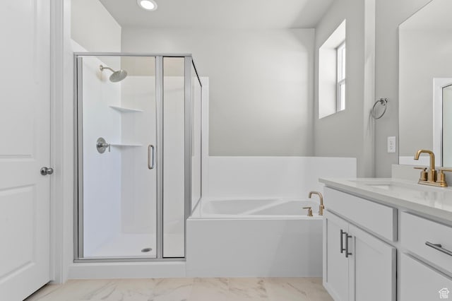2571 N 3200 W, Clinton, UT 84015 - full bathroom with vanity, a garden tub, a shower stall, marble finish floors, and recessed lighting