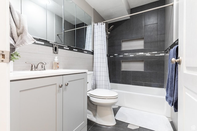 93 N 200 W, Smithfield, UT 84335 - bathroom featuring tile walls, shower / tub combo with curtain, vanity, and toilet