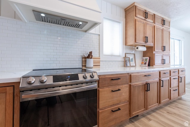 93 N 200 W, Smithfield, UT 84335 - kitchen featuring light wood-style flooring, light countertops, stainless steel range with electric stovetop, premium range hood, and backsplash