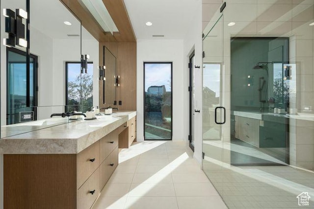 2655 W Shoshoni Trl, St George, UT 84770 - full bath with double vanity, visible vents, a stall shower, a sink, and tile patterned flooring