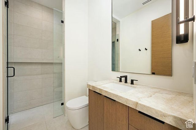 2655 W Shoshoni Trl, St George, UT 84770 - bathroom with toilet, visible vents, vanity, tile patterned floors, and a stall shower