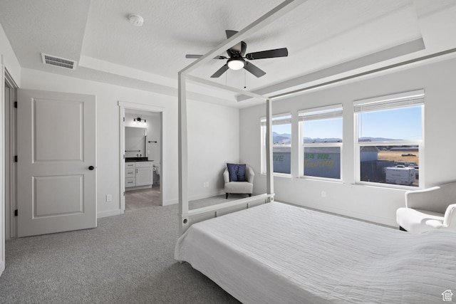 107 W 1360 N, Nephi, UT 84648 - bedroom with a textured ceiling, carpet flooring, visible vents, baseboards, and a raised ceiling