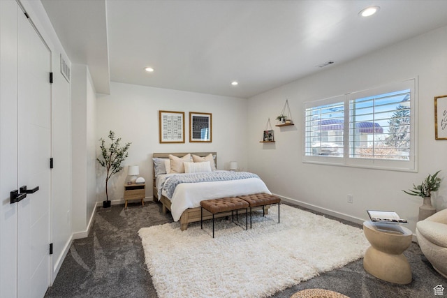 2321 E John Holladay Ct S, Holladay, UT 84117 - bedroom with baseboards, dark colored carpet, visible vents, and recessed lighting