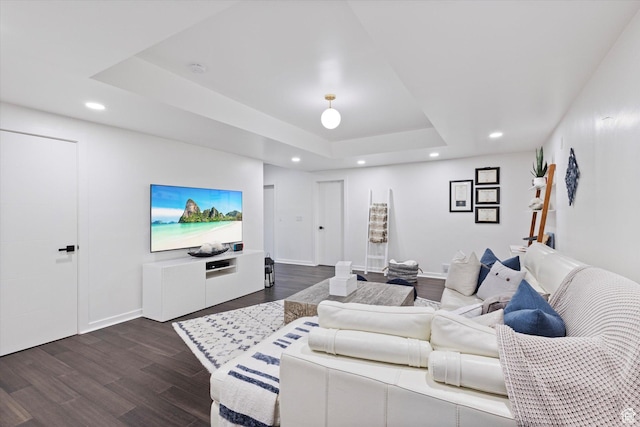 2321 E John Holladay Ct S, Holladay, UT 84117 - living room featuring a tray ceiling, dark wood-style flooring, baseboards, and recessed lighting