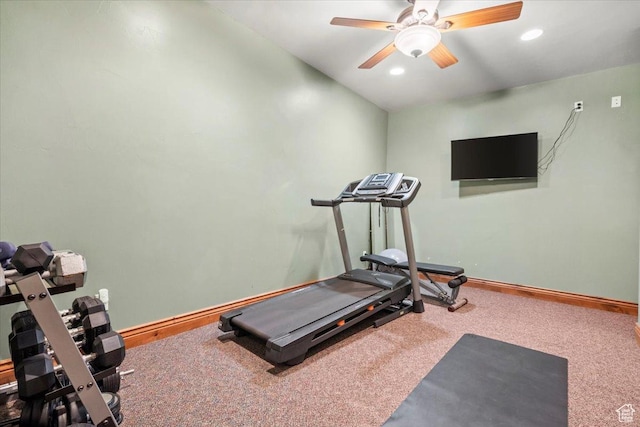 exercise area with carpet floors, baseboards, recessed lighting, and ceiling fan