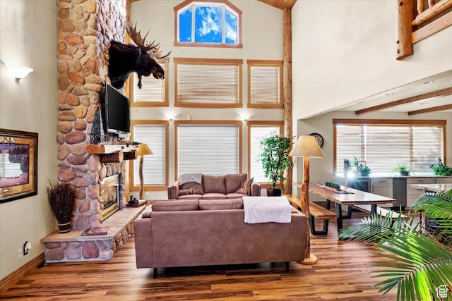 living area featuring a high ceiling, wood finished floors, a fireplace, and plenty of natural light