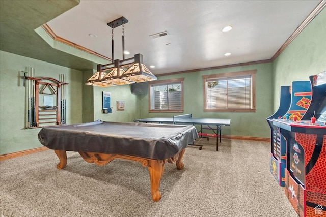 recreation room with crown molding, visible vents, carpet floors, baseboards, and billiards
