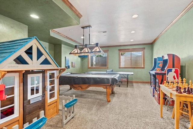 game room featuring visible vents, baseboards, carpet, crown molding, and billiards
