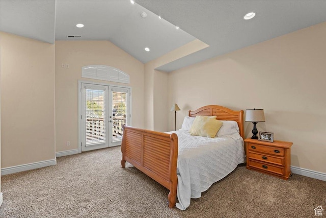 bedroom featuring carpet, visible vents, access to exterior, lofted ceiling, and baseboards