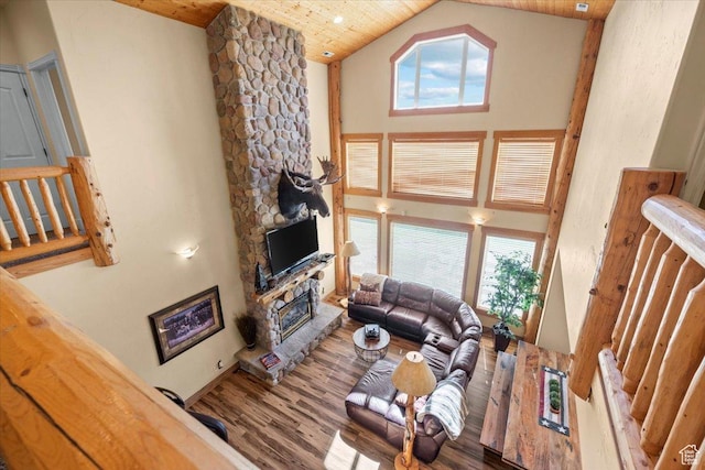 living room with a stone fireplace, high vaulted ceiling, wood finished floors, and a healthy amount of sunlight