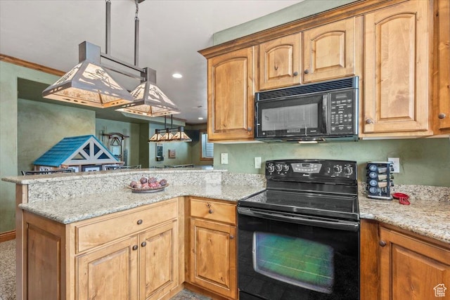 kitchen featuring baseboards, black appliances, light stone counters, and a peninsula