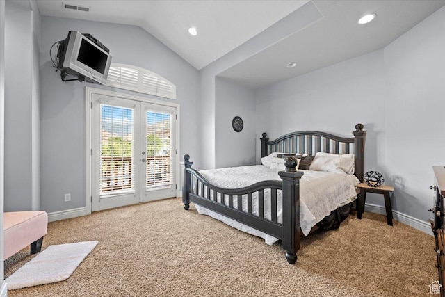 bedroom with access to outside, carpet, vaulted ceiling, visible vents, and baseboards