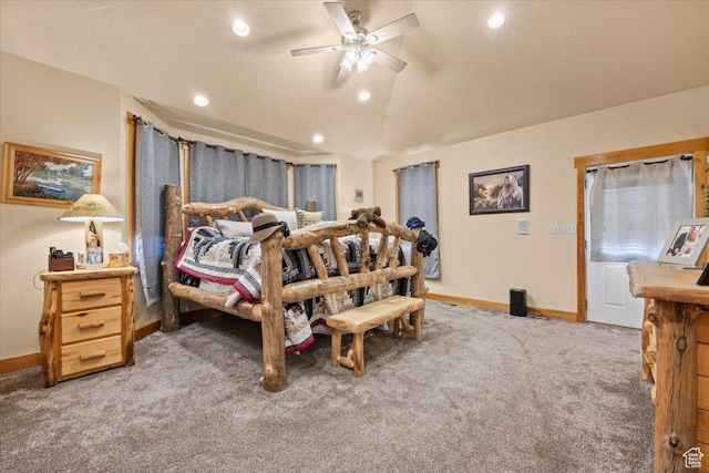 bedroom with light carpet, baseboards, vaulted ceiling, and recessed lighting