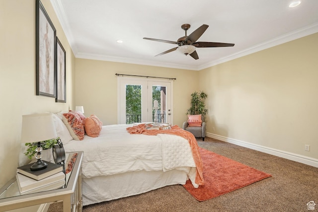 1429 E Chateau Ridge Way S, Sandy, UT 84092 - carpeted bedroom featuring ornamental molding, access to outside, ceiling fan, and baseboards
