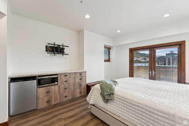 3720 N Sundial Ct Unit C207, Park City, UT 84098 - bedroom featuring refrigerator, dark wood-type flooring, access to exterior, and recessed lighting
