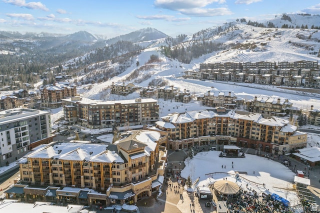 snowy aerial view with a mountain view