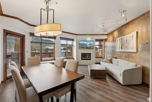 3720 N Sundial Ct Unit C207, Park City, UT 84098 - dining space featuring crown molding, a glass covered fireplace, wood finished floors, rail lighting, and baseboards