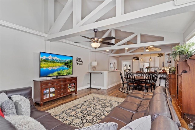 4337 N 2900 E, Liberty, UT 84310 - living area with beamed ceiling, baseboards, a ceiling fan, and wood finished floors