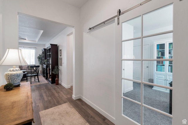 hall featuring dark wood-style floors, baseboards, and a barn door