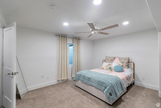bedroom featuring baseboards, ceiling fan, recessed lighting, and light colored carpet