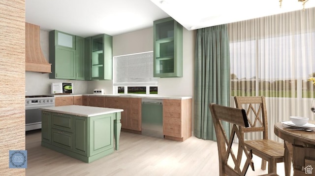 1356 E 320 S, Payson, UT 84651 - kitchen featuring open shelves, a kitchen island, green cabinetry, range, and dishwasher