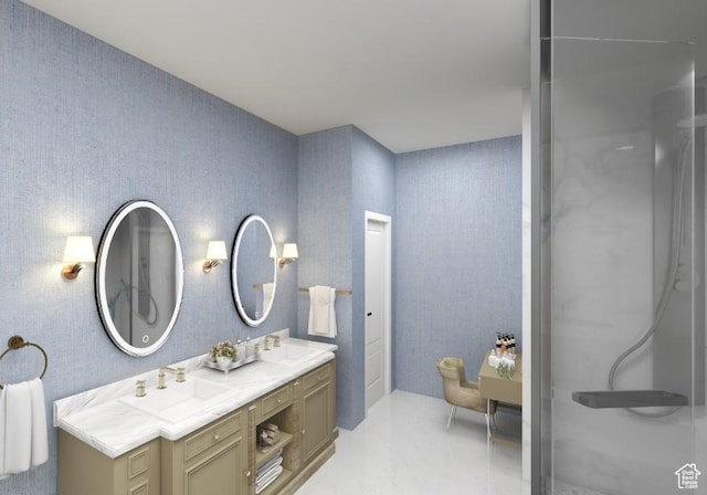 1356 E 320 S, Payson, UT 84651 - bathroom featuring double vanity, wallpapered walls, and a sink