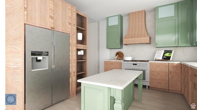 1356 E 320 S, Payson, UT 84651 - kitchen with a center island, green cabinetry, custom range hood, and white gas range oven
