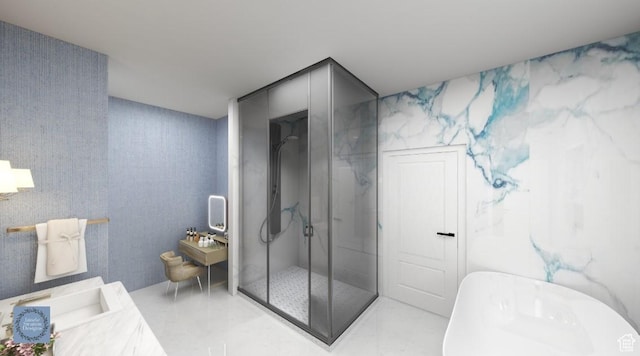 1356 E 320 S, Payson, UT 84651 - bathroom featuring a freestanding tub, a marble finish shower, and vanity