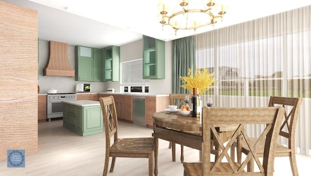 1356 E 320 S, Payson, UT 84651 - kitchen with open shelves, appliances with stainless steel finishes, a kitchen island, premium range hood, and green cabinetry