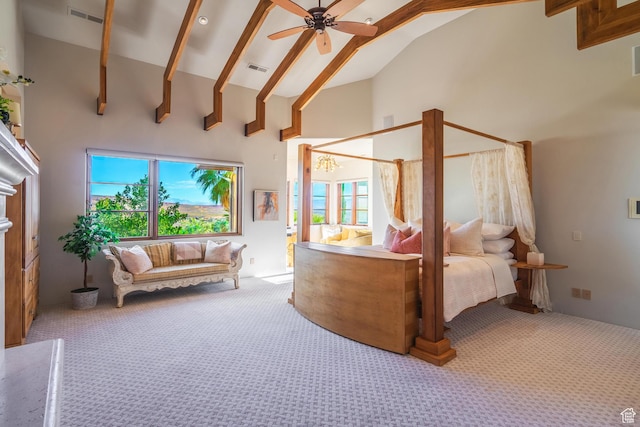 1558 N Harvard Ave, Washington, UT 84780 - bedroom featuring carpet, visible vents, high vaulted ceiling, and beamed ceiling