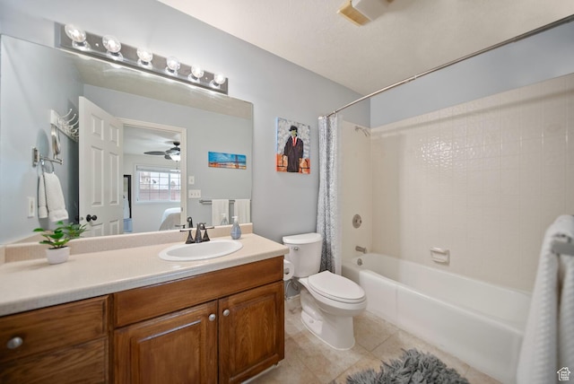 ensuite bathroom with toilet, shower / bath combo with shower curtain, ensuite bathroom, vanity, and tile patterned flooring