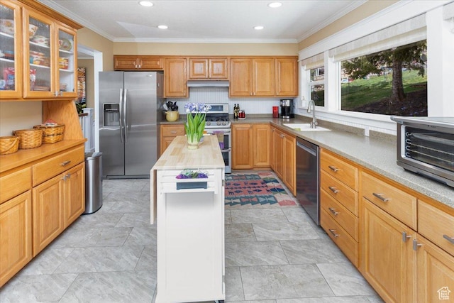 kitchen with under cabinet range hood, a sink, ornamental molding, and appliances with stainless steel finishes