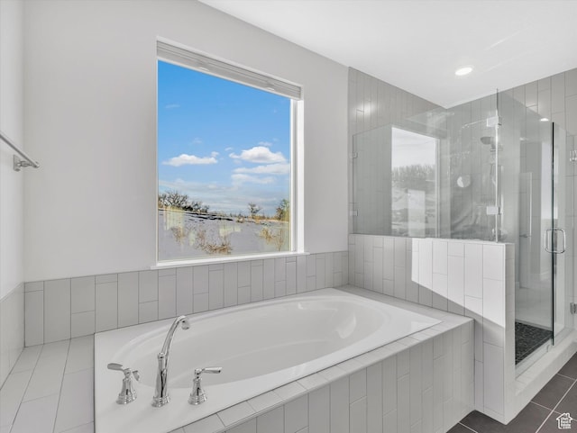 14678 S Silver Blossom Way E, Draper, UT 84020 - bathroom featuring a bath, a shower stall, tile patterned flooring, and recessed lighting