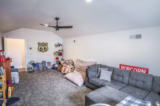 2906 N Purple Sage Rd, Apple Valley, UT 84737 - living area featuring ceiling fan, lofted ceiling, and carpet flooring