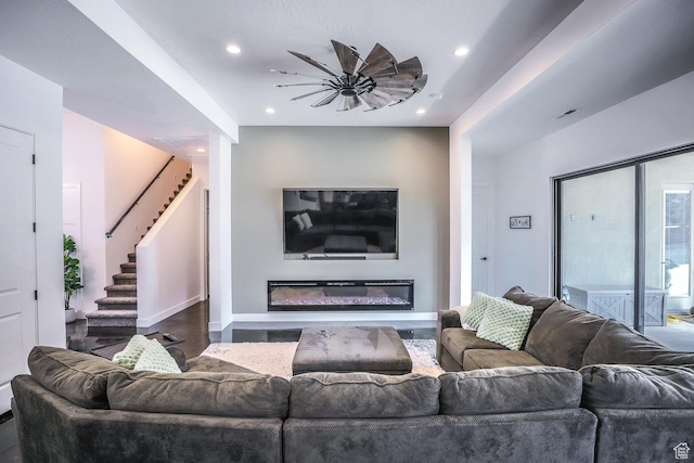 2906 N Purple Sage Rd, Apple Valley, UT 84737 - living area featuring a ceiling fan, wood finished floors, stairway, baseboards, and recessed lighting