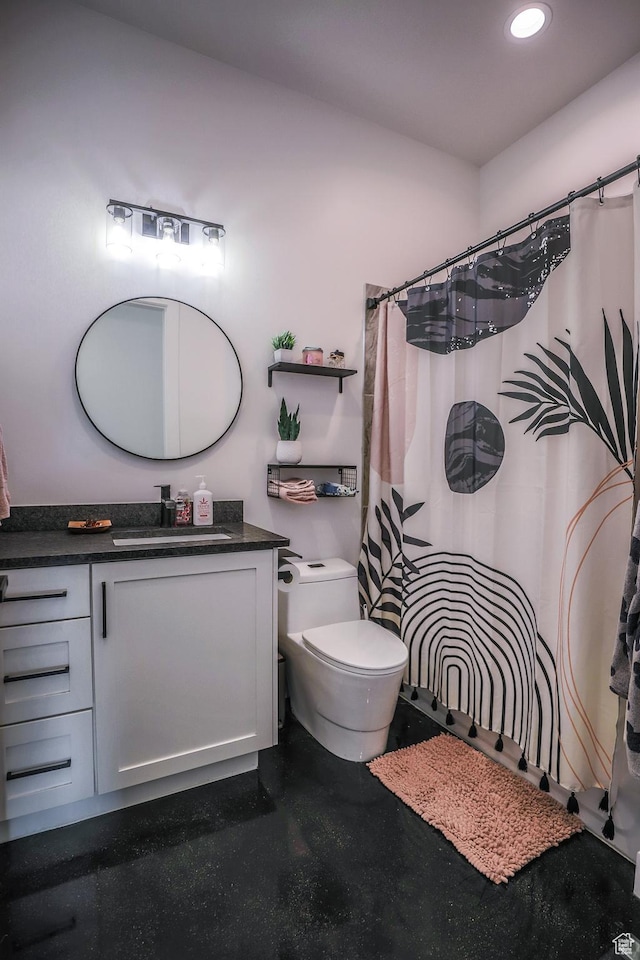 2906 N Purple Sage Rd, Apple Valley, UT 84737 - full bathroom featuring toilet, vanity, recessed lighting, concrete floors, and a shower with curtain
