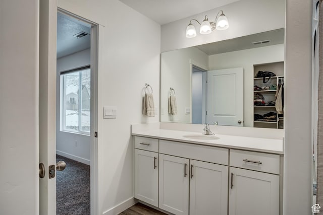bathroom featuring vanity, baseboards, a spacious closet, and visible vents