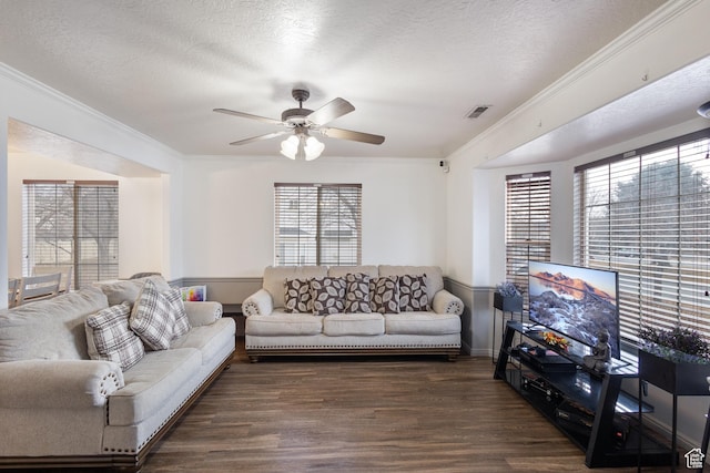 984 N Independence Ave W, Provo, UT 84604 - living room featuring a textured ceiling, ceiling fan, visible vents, ornamental molding, and dark wood finished floors