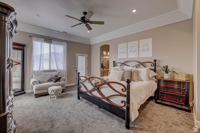 1163 W Sunrise Cir, Washington, UT 84780 - carpeted bedroom with arched walkways, ceiling fan, recessed lighting, and baseboards