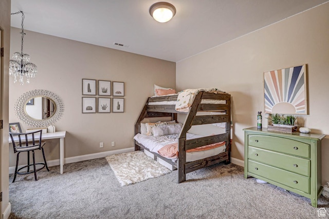 1163 W Sunrise Cir, Washington, UT 84780 - bedroom with light colored carpet, visible vents, baseboards, and an inviting chandelier