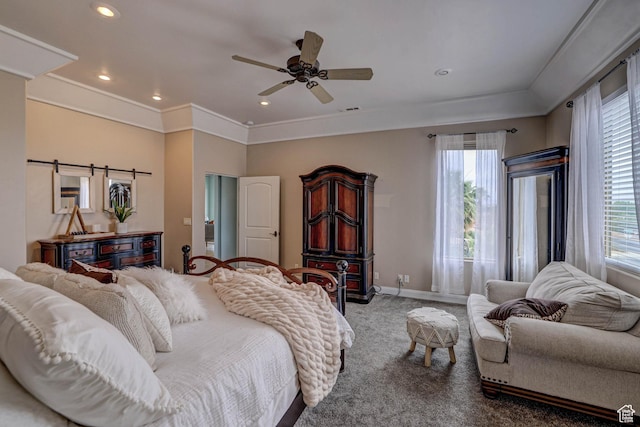1163 W Sunrise Cir, Washington, UT 84780 - carpeted bedroom with crown molding, recessed lighting, a barn door, ceiling fan, and baseboards
