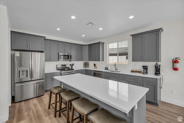 1466 N Arena Roja Dr, Washington, UT 84780 - kitchen featuring visible vents, gray cabinetry, appliances with stainless steel finishes, a sink, and a kitchen island