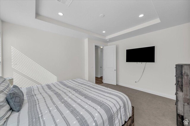1466 N Arena Roja Dr, Washington, UT 84780 - carpeted bedroom with recessed lighting, a raised ceiling, visible vents, and baseboards