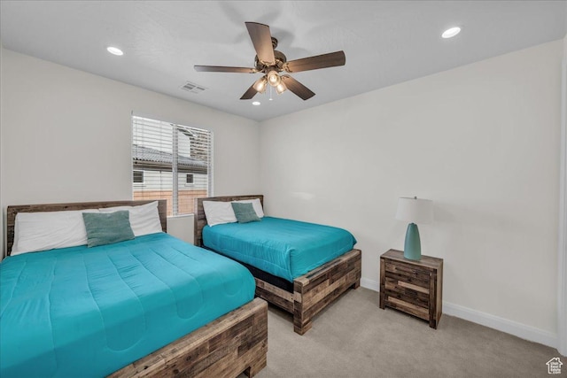 1466 N Arena Roja Dr, Washington, UT 84780 - bedroom with recessed lighting, visible vents, a ceiling fan, light carpet, and baseboards