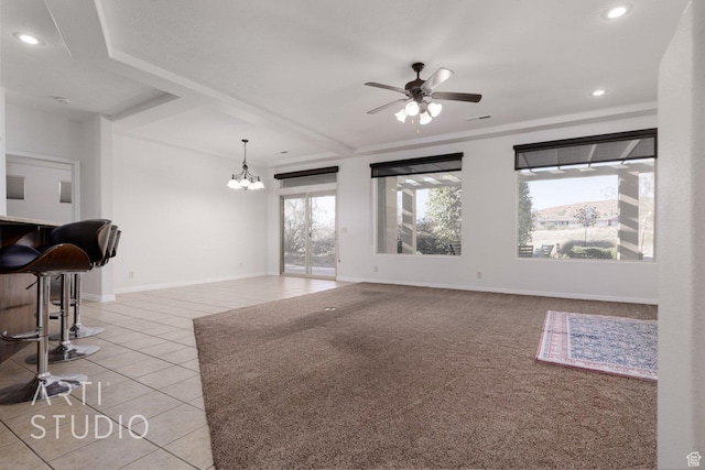 1109 N Ventana Dr, Washington, UT 84780 - living area featuring light tile patterned floors, recessed lighting, visible vents, baseboards, and ceiling fan with notable chandelier