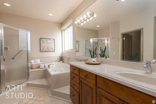 1109 N Ventana Dr, Washington, UT 84780 - full bath with tile patterned flooring, vanity, a shower stall, a bath, and recessed lighting