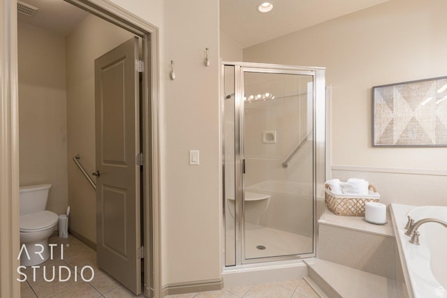 1109 N Ventana Dr, Washington, UT 84780 - bathroom featuring visible vents, a shower stall, a bath, and tile patterned floors