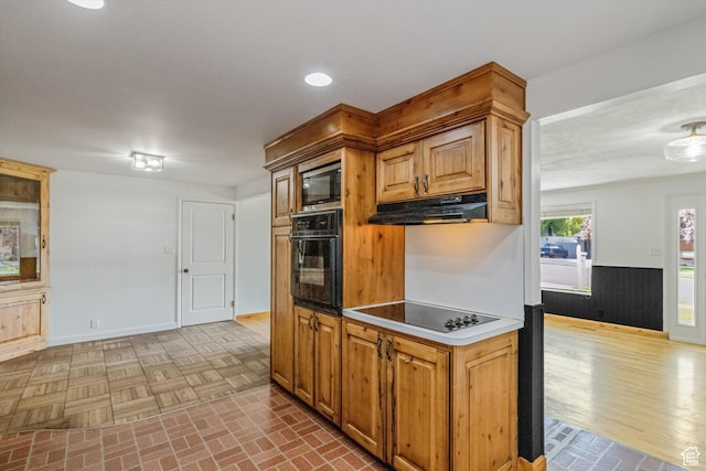1417 E 700 S, Provo, UT 84606 - kitchen featuring a wainscoted wall, brick floor, under cabinet range hood, black appliances, and recessed lighting