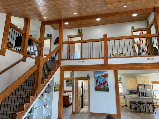 1595 S Bear Lake Blvd, Garden City, UT 84028 - stairs featuring a towering ceiling, wooden ceiling, wood finished floors, and visible vents