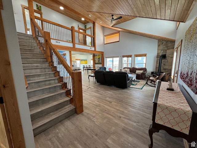 1595 S Bear Lake Blvd, Garden City, UT 84028 - living area with a wood stove, wooden ceiling, stairs, and wood finished floors